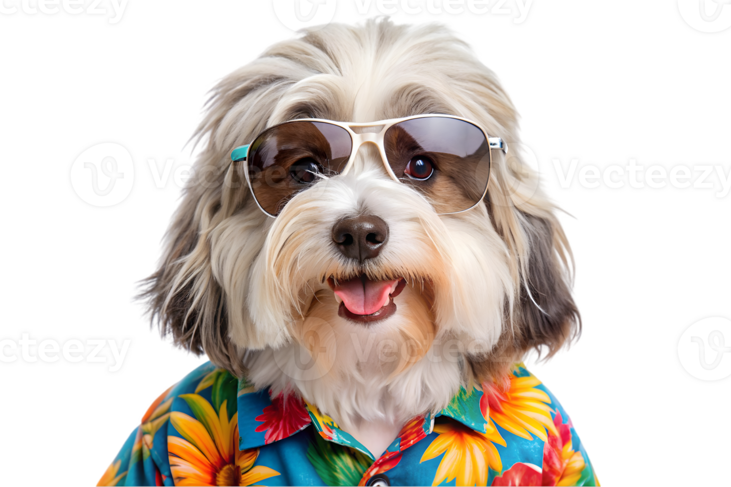 Happy Havanese Wearing a Hawaiian Shirt and Sunglasses - Transparent Background png