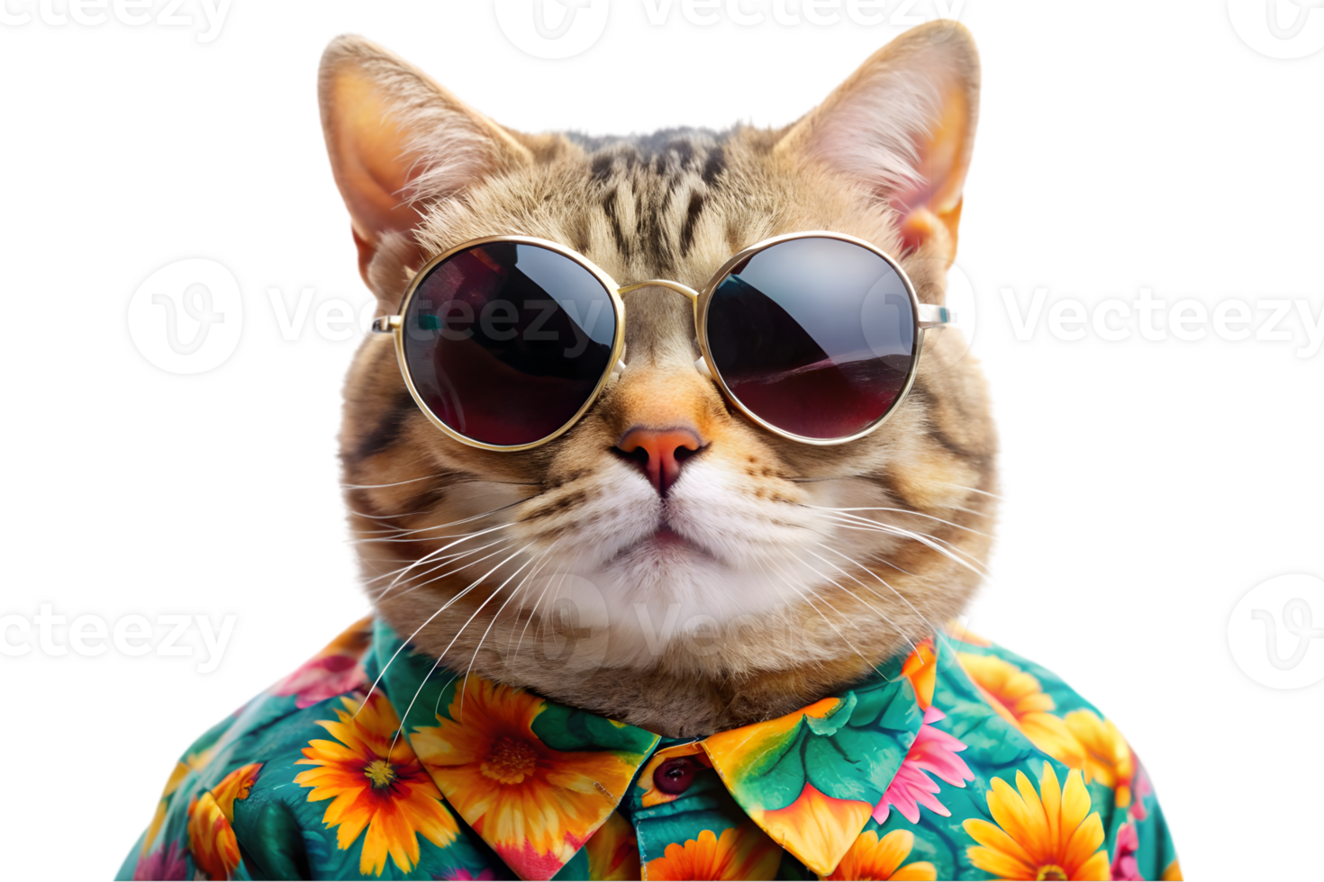 Happy Cat Wearing a Hawaiian Shirt and Sunglasses - Transparent Background png