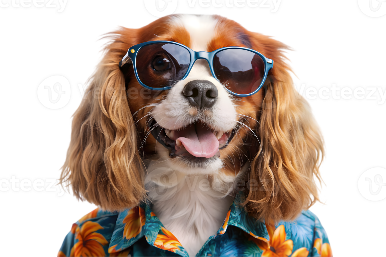 Happy Cavalier King Charles Spaniel Wearing a Hawaiian Shirt - Transparent Background png