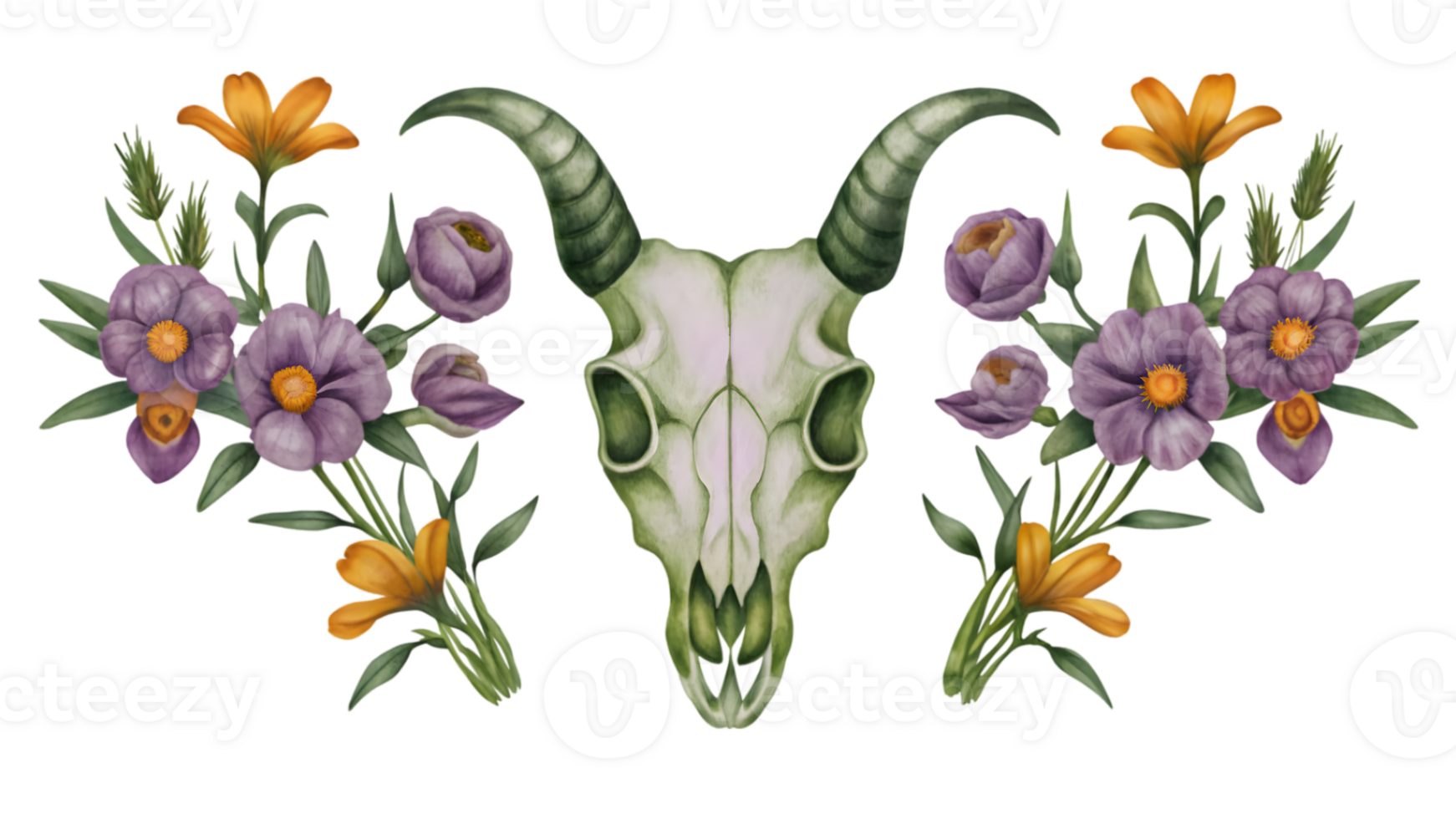 A Set of Flat Grunge Floral Goat Skulls Isolated on Transparent Background png