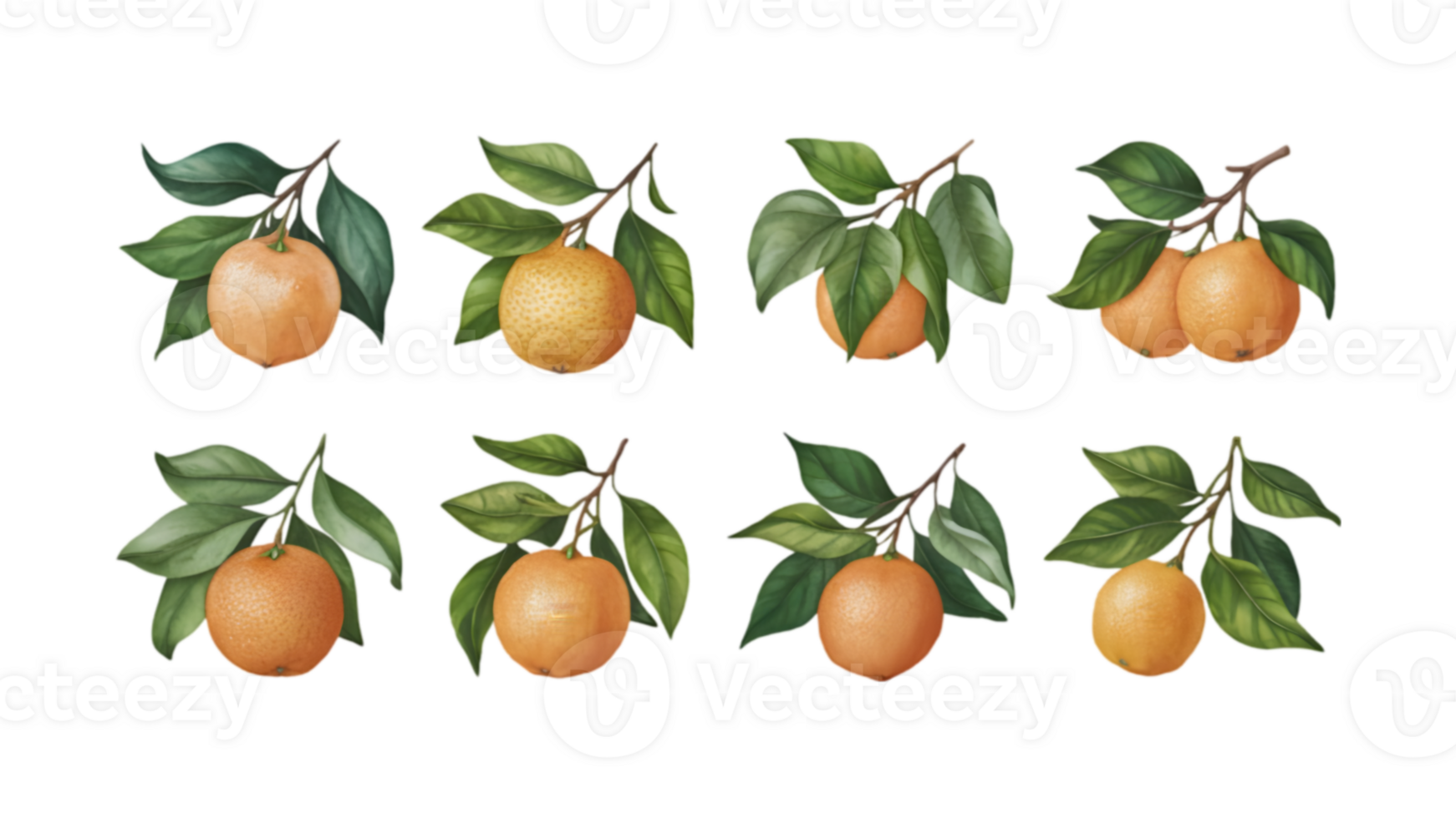 A Branch with Mandarins and Leaves in Different Stages of Ripeness - Transparent Background png