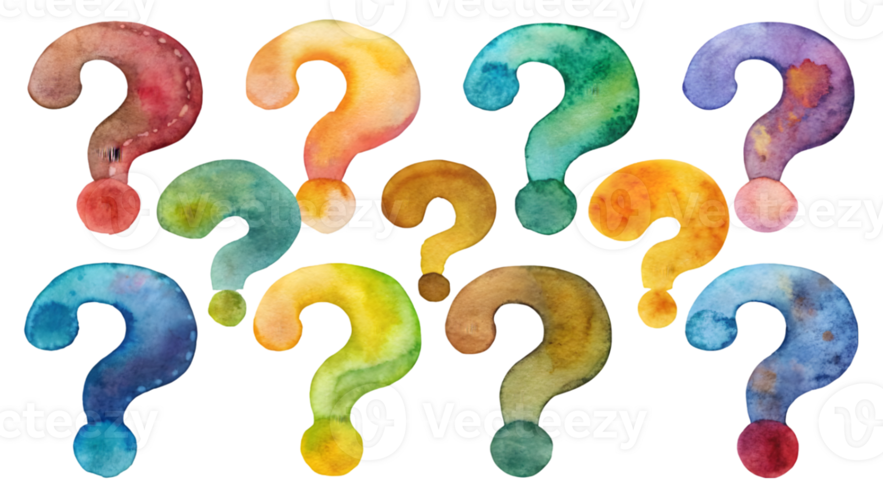 A Set of Flat Watercolor Question Marks Isolated on Transparent Background png