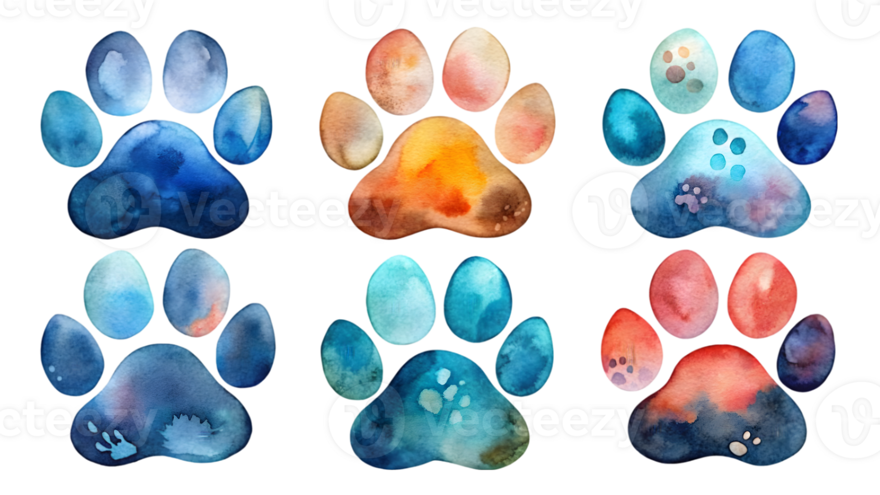 A Set of Flat Watercolor Dog Paws Isolated on Transparent Background png