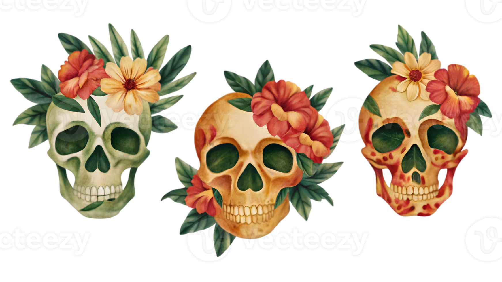 A Set of Flat Grunge Floral Skulls Isolated on Transparent Background png