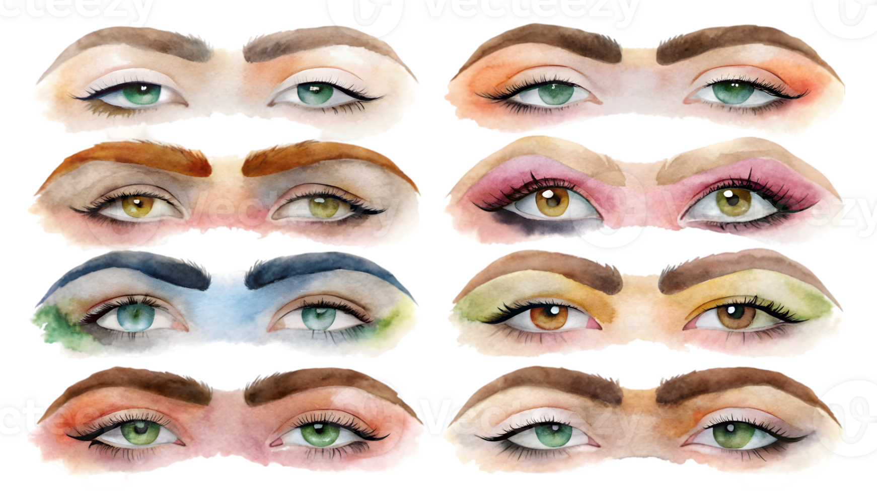 A Set of 10 Flat Watercolor Eyebrows Isolated on Transparent Background png