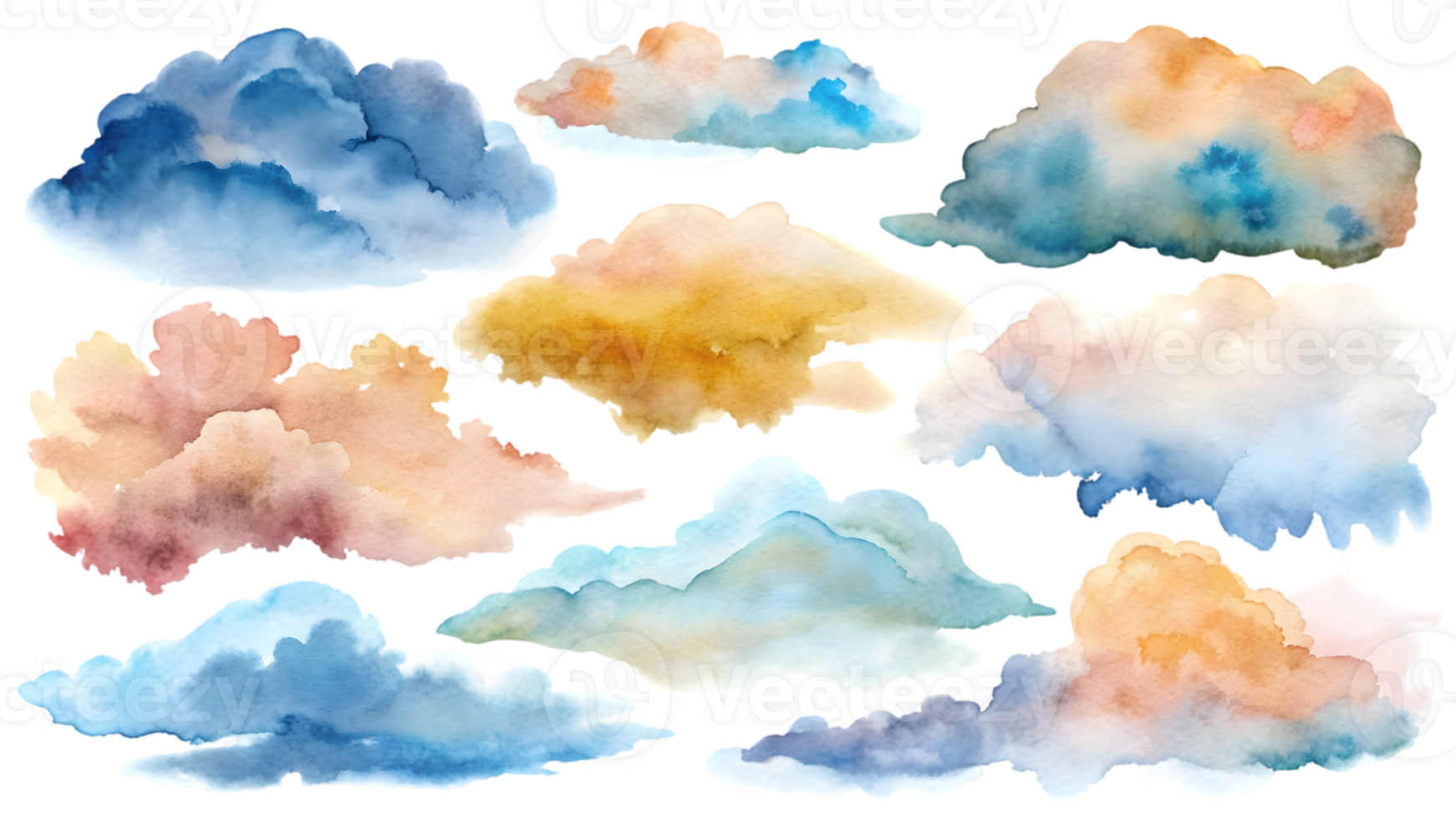 A Set of Flat Watercolor Clouds Isolated on Transparent Background png