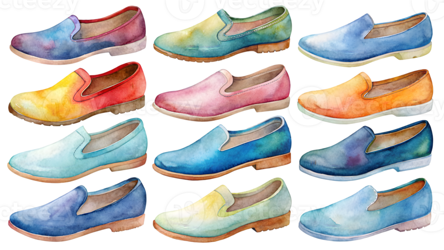 A Set of Flat Watercolor Shoes Isolated on Transparent Background png