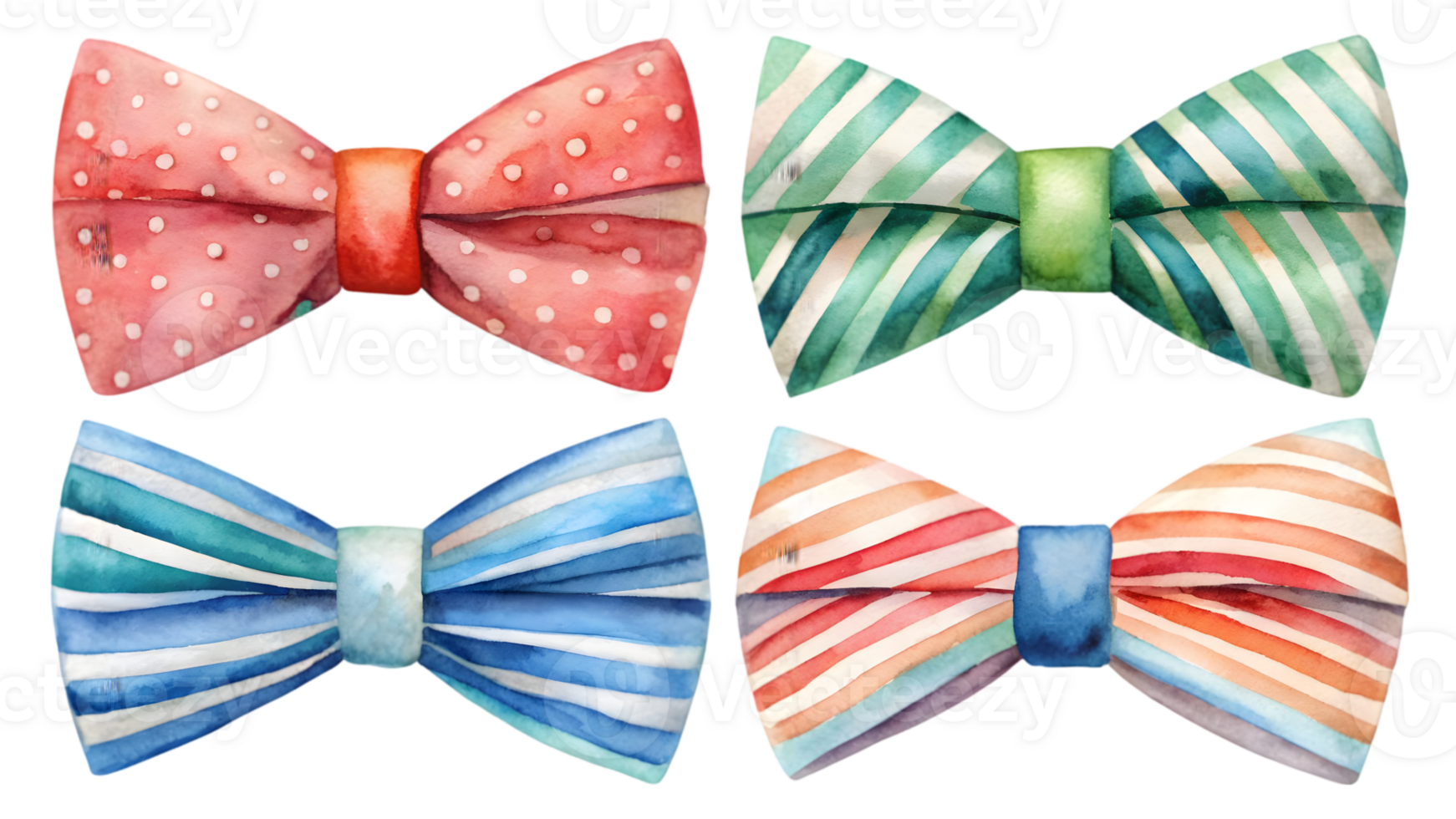 A Set of Flat Striped Watercolor Bowties Isolated on Transparent Background png