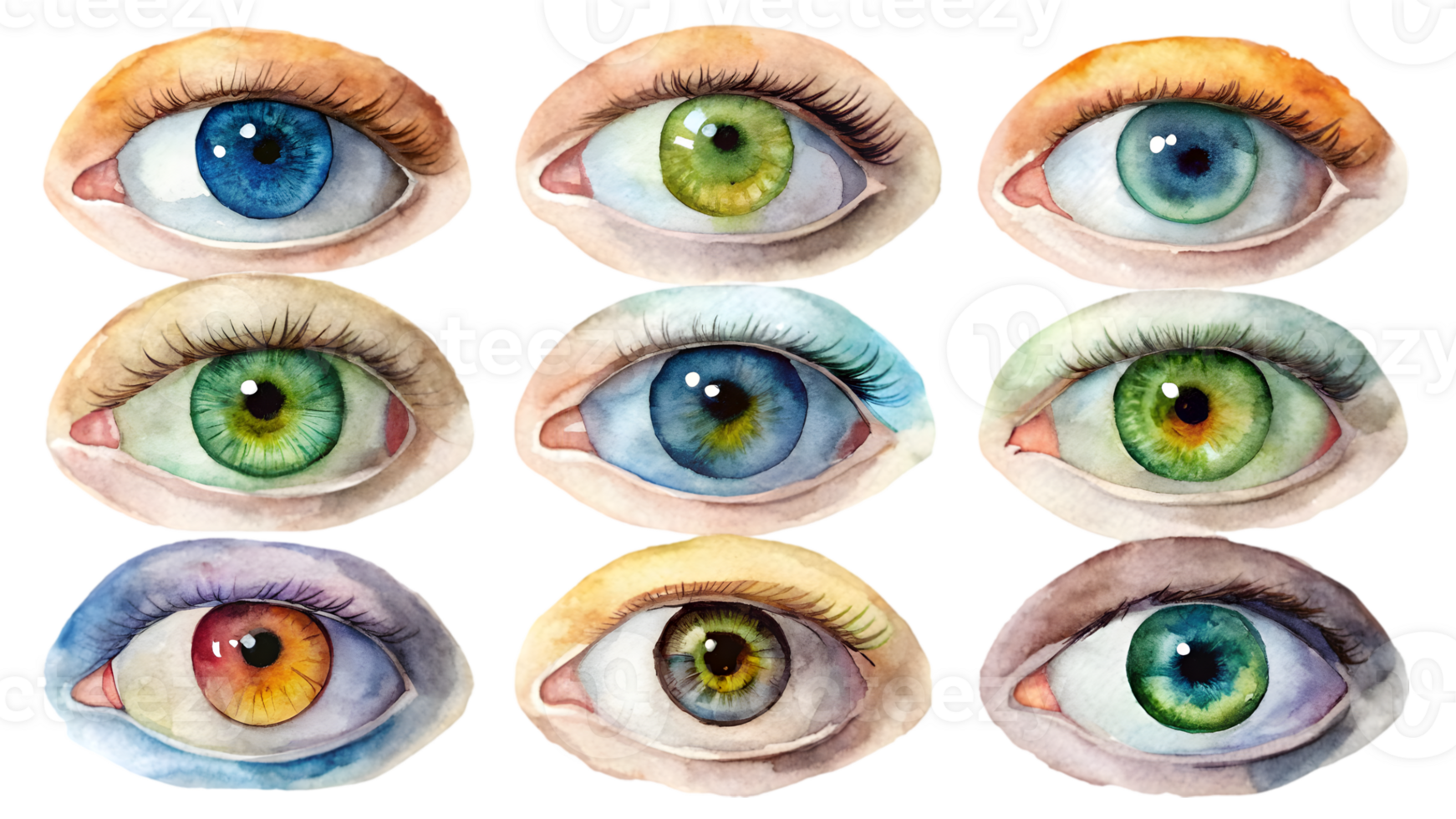 A Set of 10 Flat Watercolor Eye Pupils Isolated on Transparent Background png