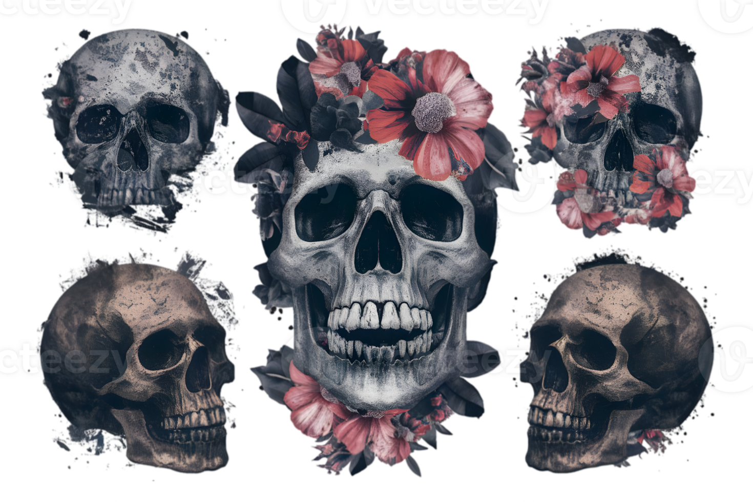 A Striking Collection of Gritty Floral Skull Collage Elements - Transparent Background png