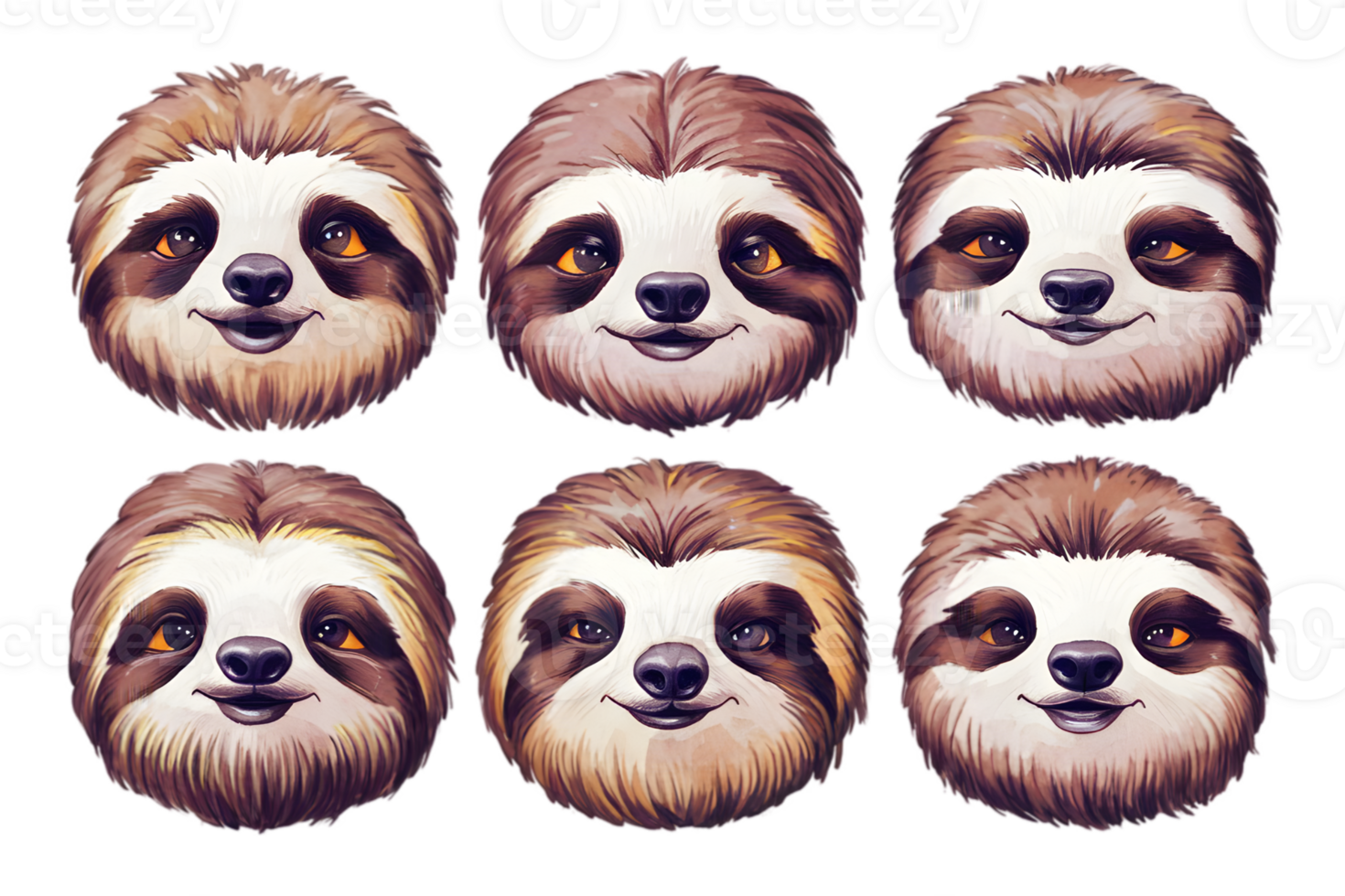 A Set of Sloth Faces Each One Unique - Transparent Background png