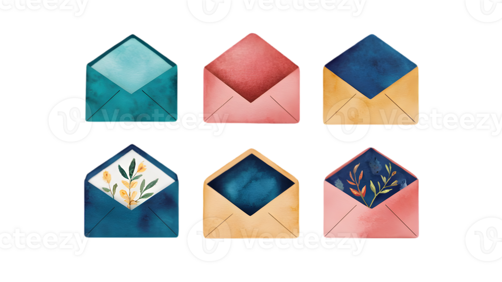 A Set of Six Flat Watercolor Closed Envelopes - Transparent Background png