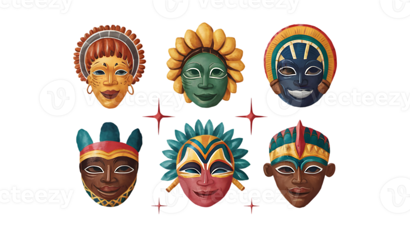 A Set of Six Flat Watercolor African Masks - Transparent Background png