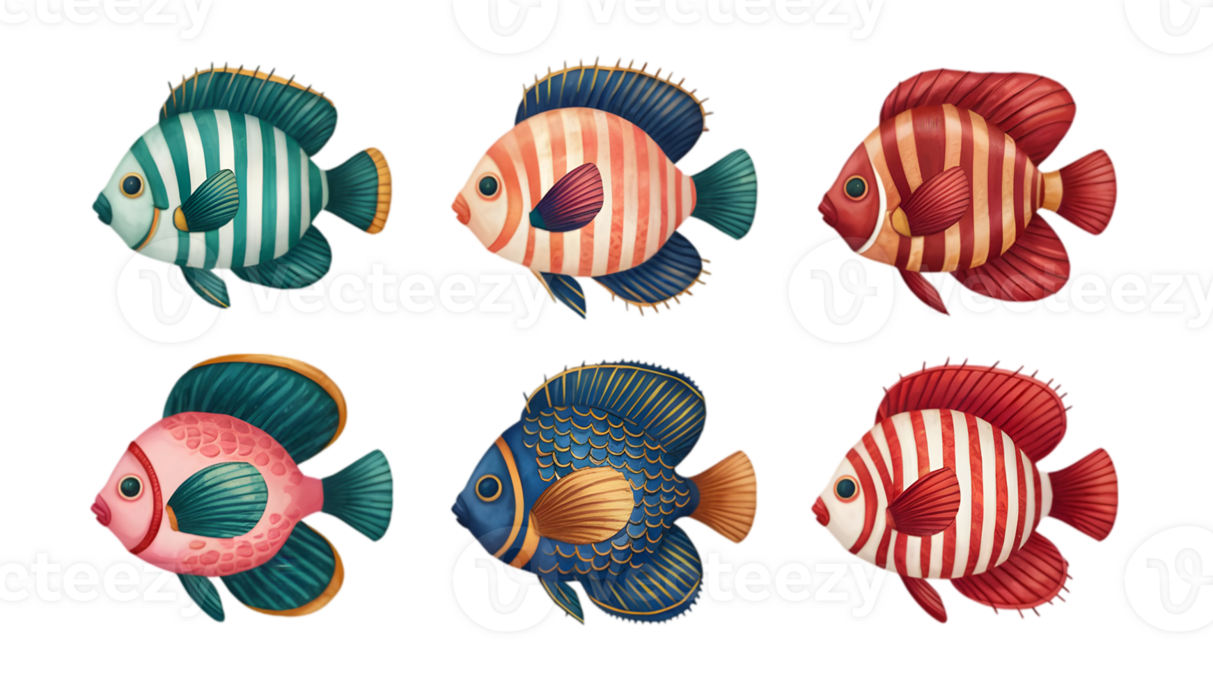 A Set of Watercolor Fish Flat - Transparent Background png