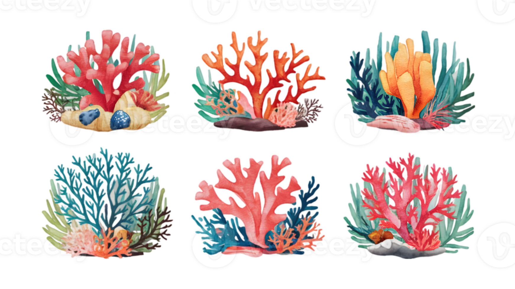 A Set of Watercolor Coral Reefs Flat - Transparent Background png