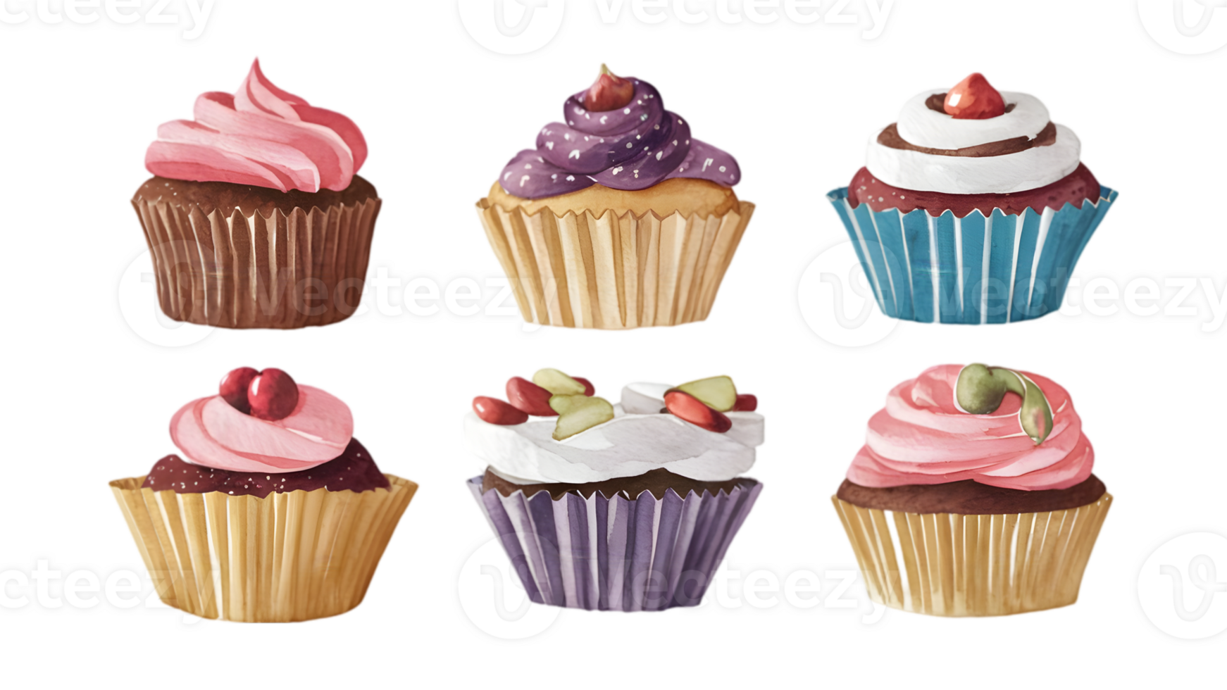A Set of Watercolor Cupcakes Flat - Transparent Background png