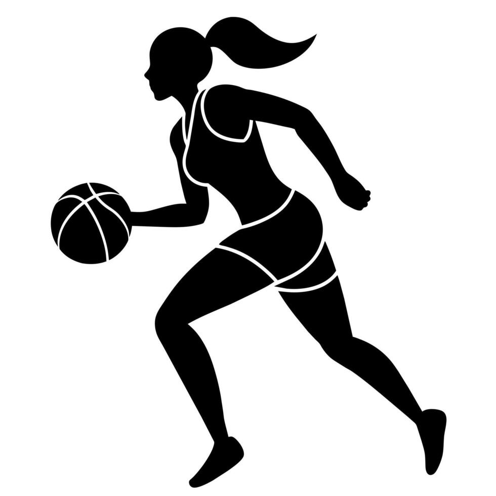 a slim female basketball player run fast, holding the ball silhouette vector