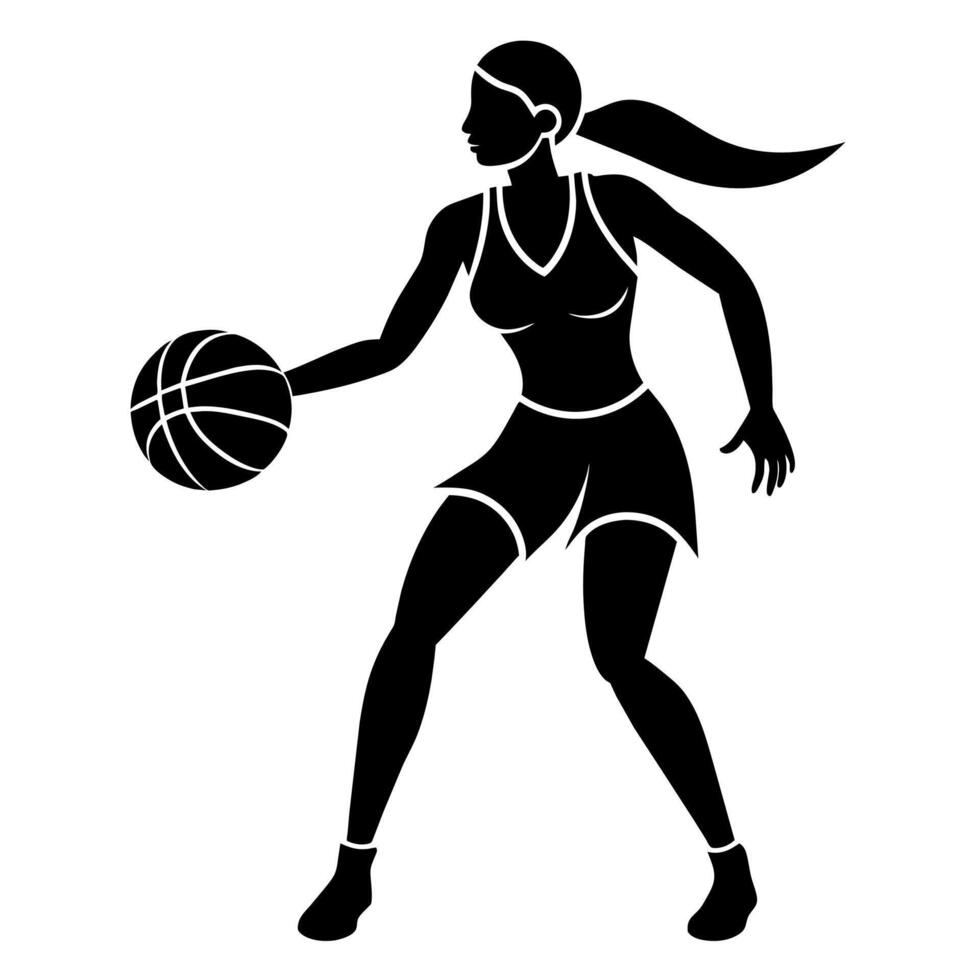 a slim female basketball player run fast, holding the ball silhouette vector