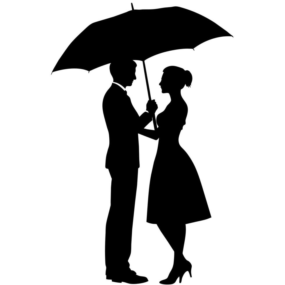 A Romantic couple holding umbrella silhouette, isolated white background vector