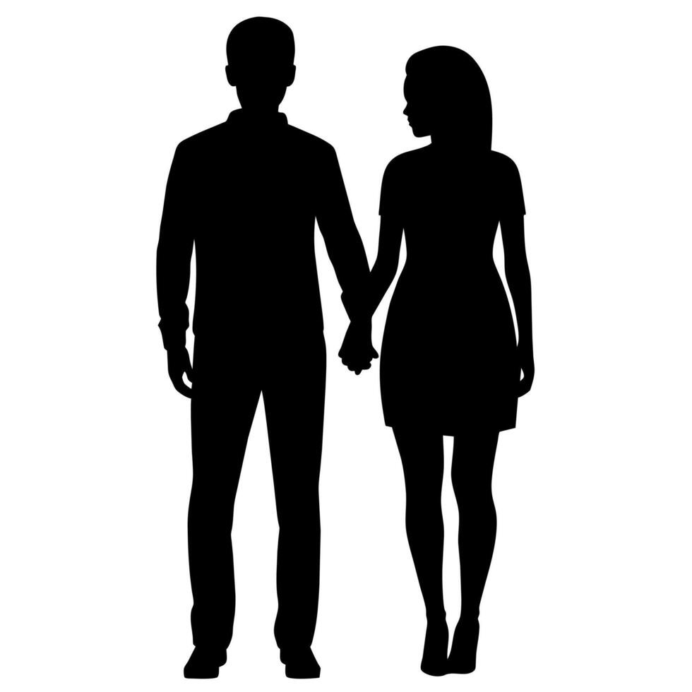 a young couple standing with holding hand each other, side by side silhouette vector