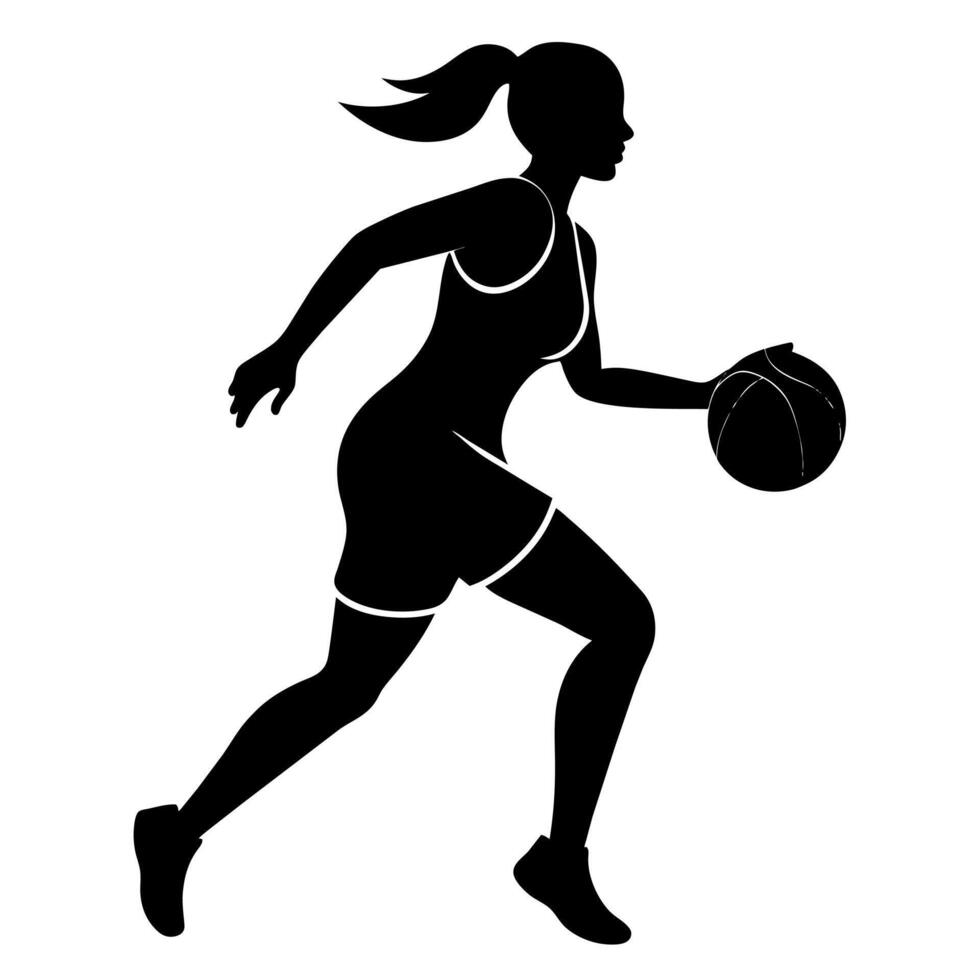 a slim female basketball player run fast, holding the ball silhouette vector