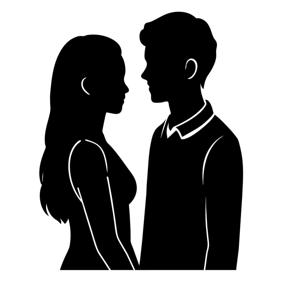 Couple of young people standing and embarrassing each other silhouette vector