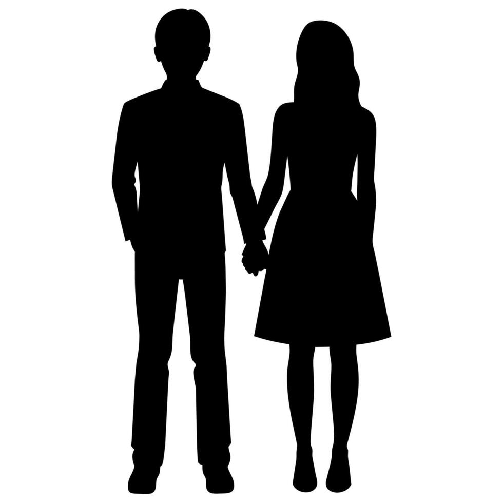 a young couple standing with holding hand each other, side by side silhouette vector