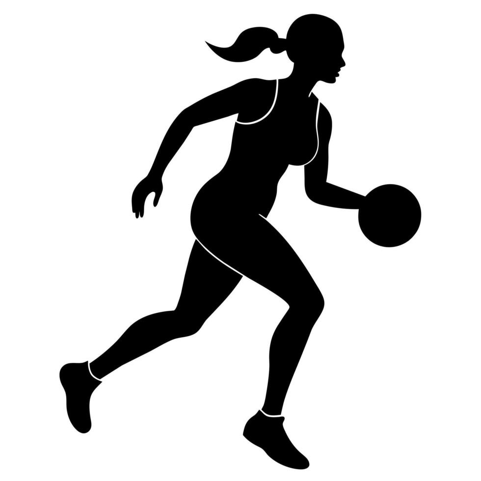 a slim female basketball player run fast, holding the ball silhouette vector