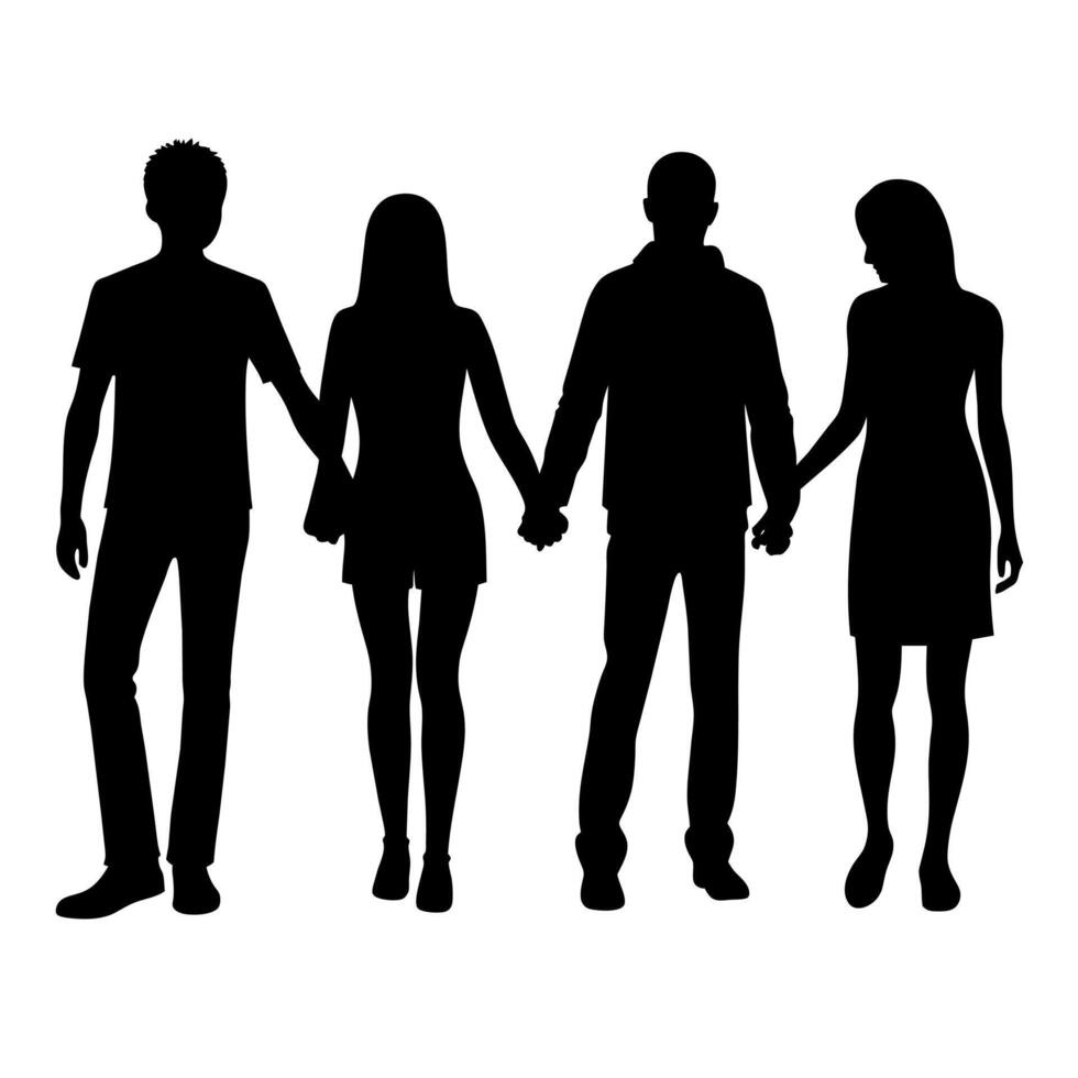 couple of young teen college students are standing with holding hand each other, silhouette vector