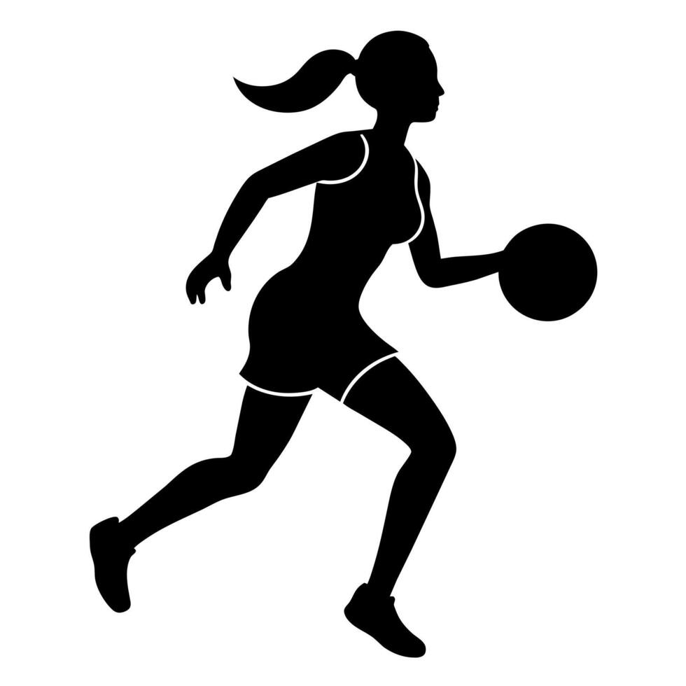 a slim female basketball player run fast, holding the ball silhouette vector