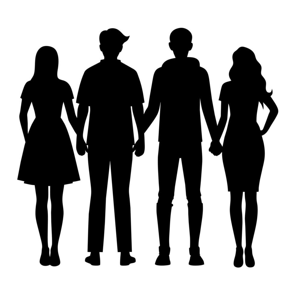 couple of young teen college students are standing with holding hand each other, silhouette vector