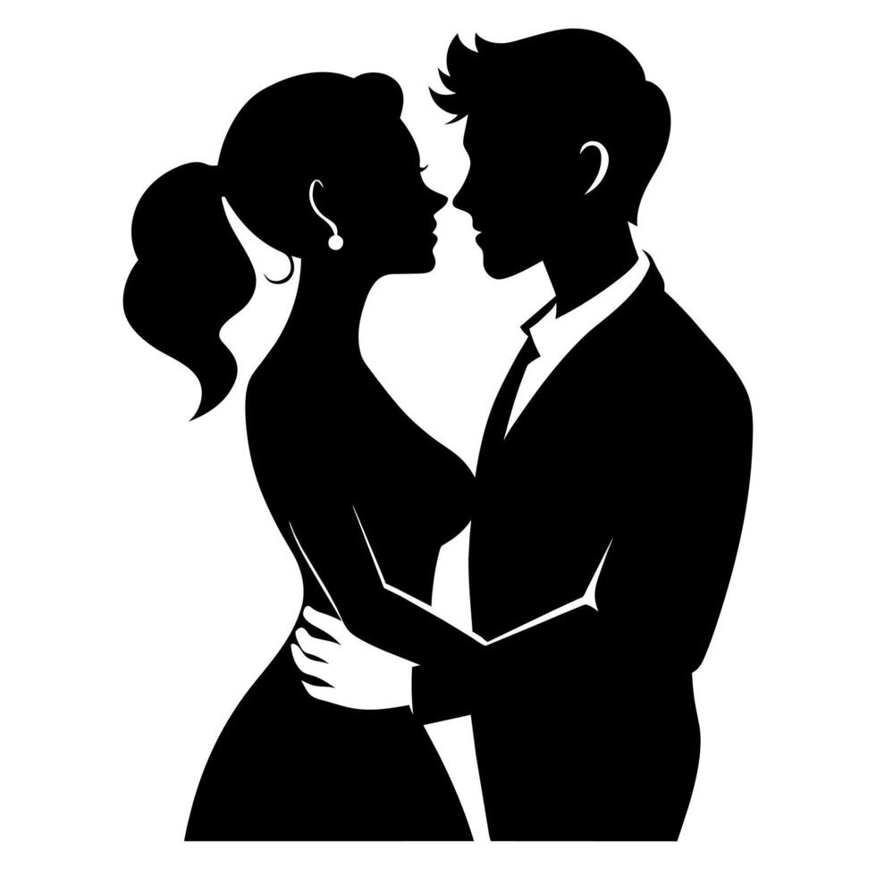 Couple of young people standing and embarrassing each other silhouette vector