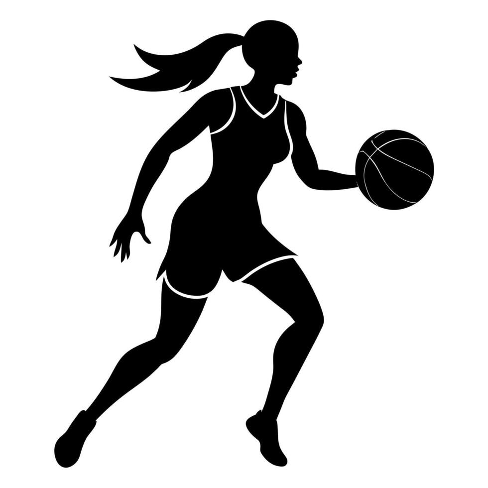 a slim female basketball player run fast, holding the ball silhouette vector