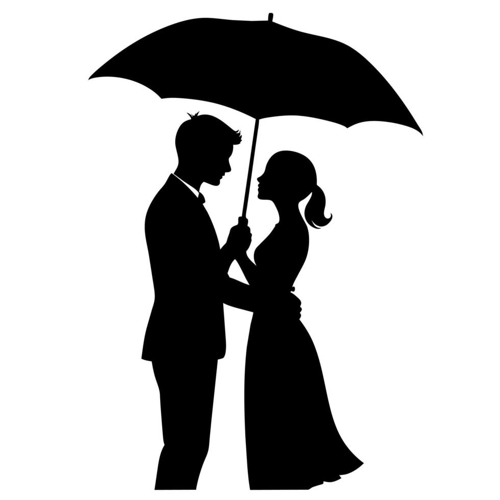 A Romantic couple holding umbrella silhouette, isolated white background vector