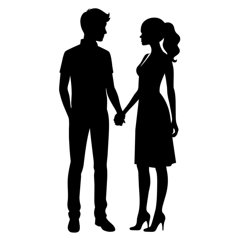 a young couple standing with holding hand each other, side by side silhouette vector