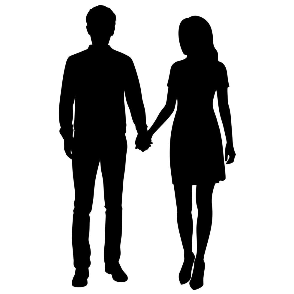 a young couple standing with holding hand each other, side by side silhouette vector