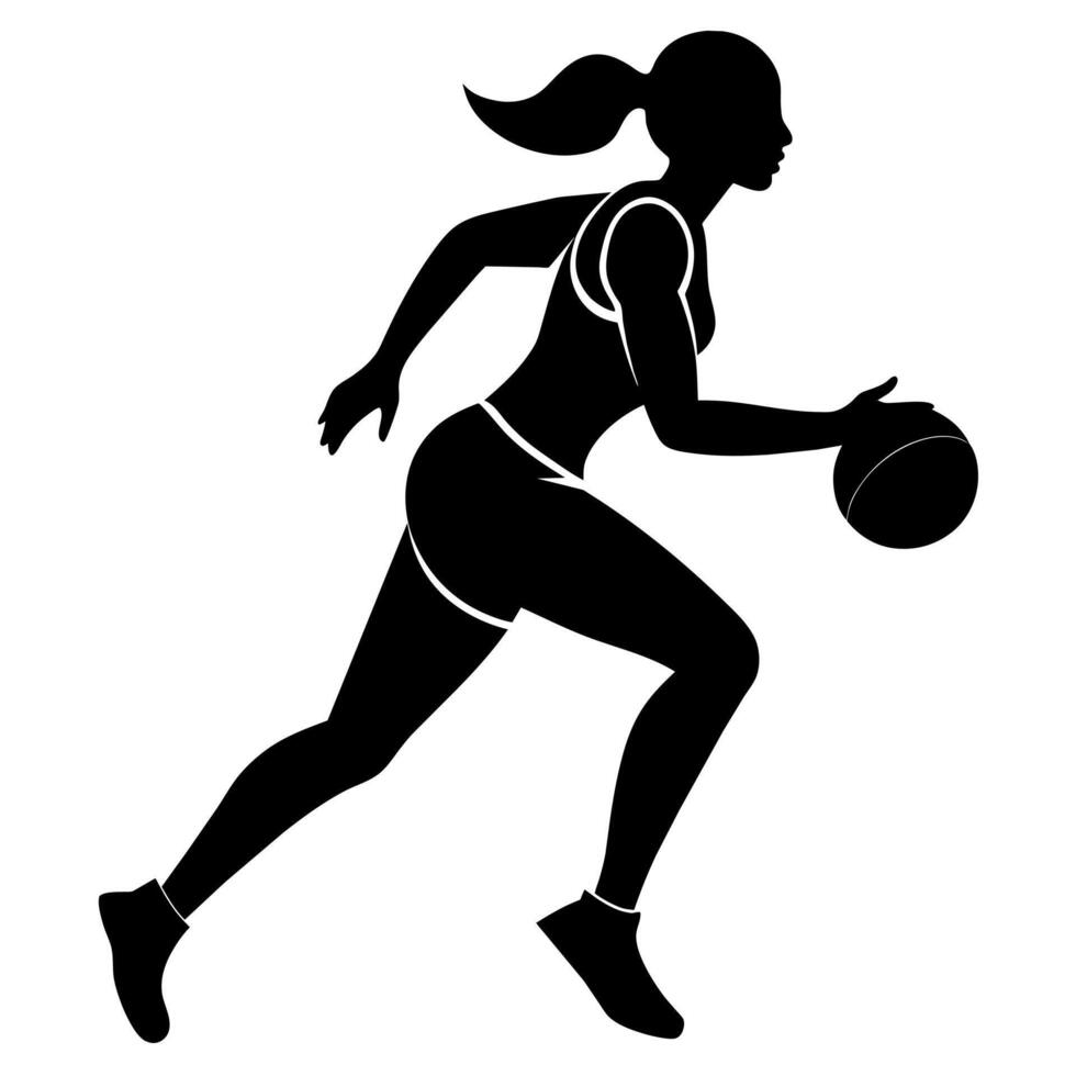 a slim female basketball player run fast, holding the ball silhouette vector