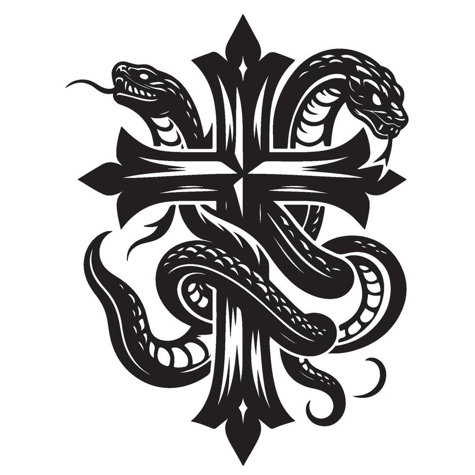 Silhouette of a Cross and Two Snakes vector
