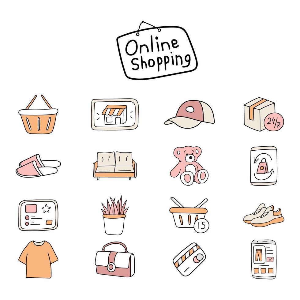 Set of online shopping elements in doodle style. vector