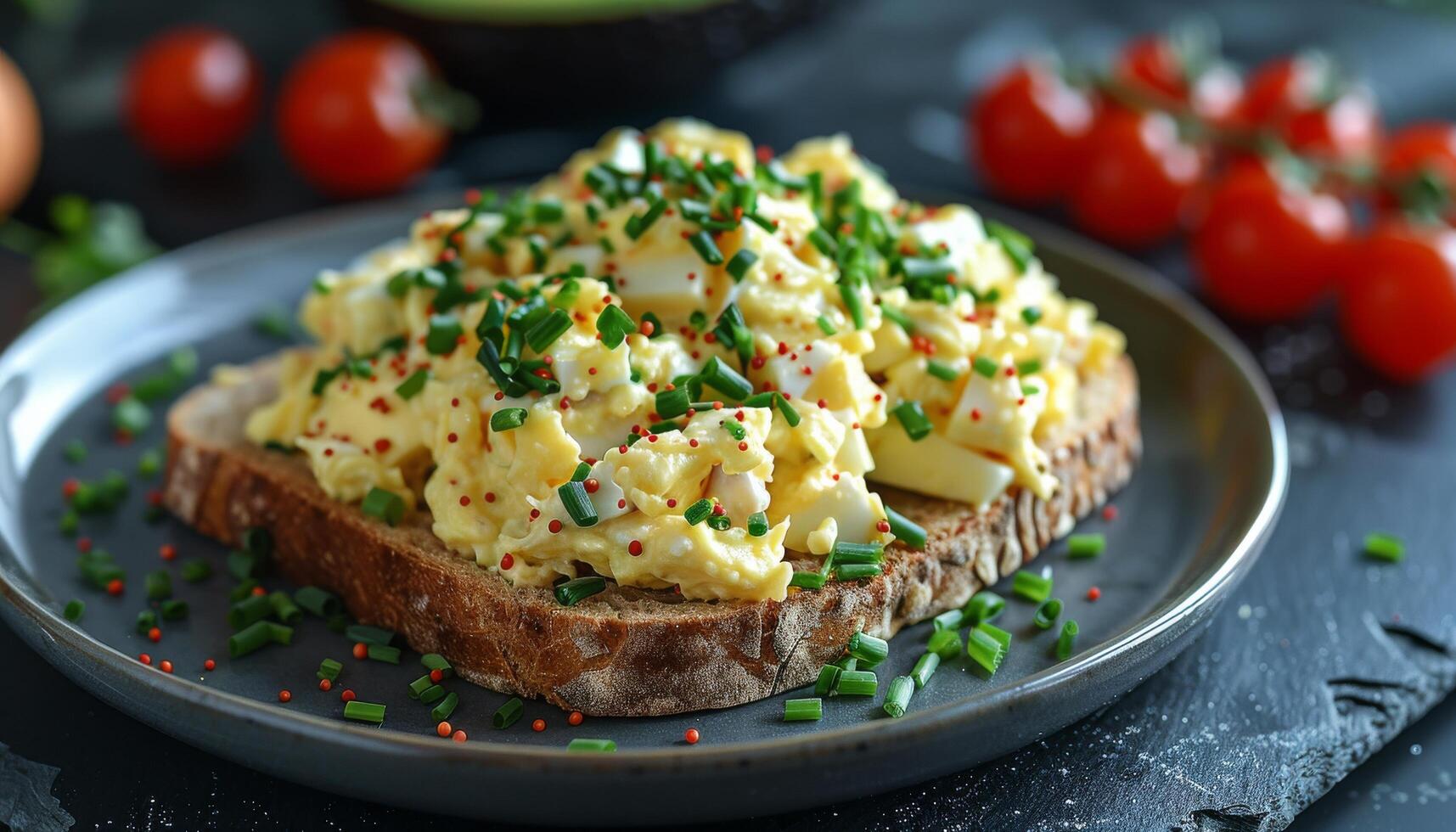 Scrambled Eggs on Toast With Tomatoes and Chives photo