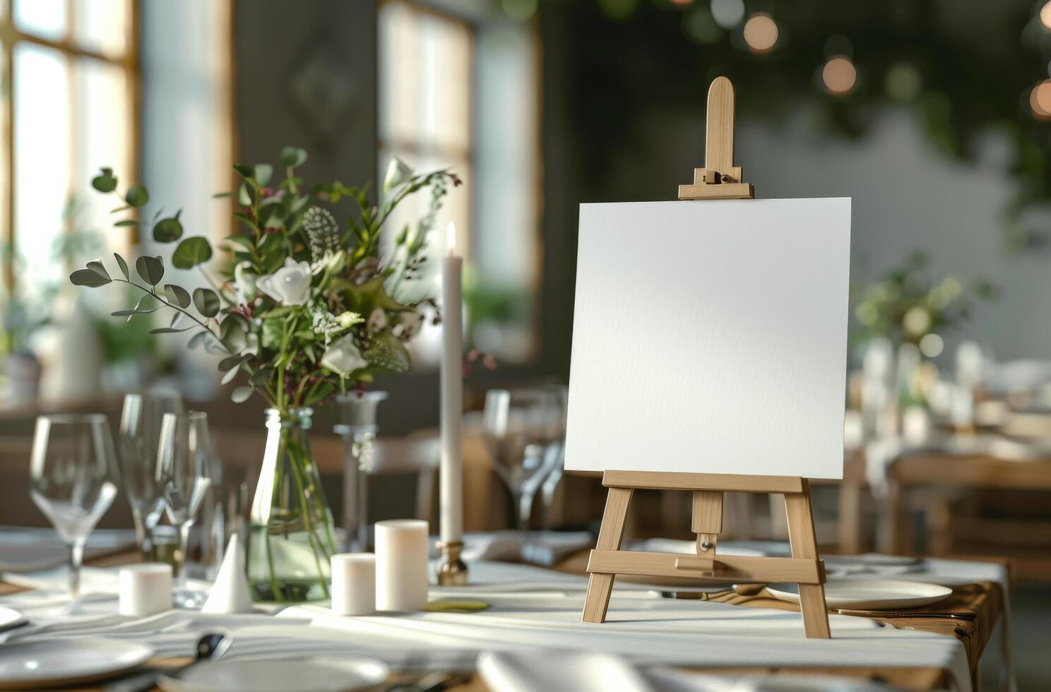 Table With Easel and Vase of Flowers photo