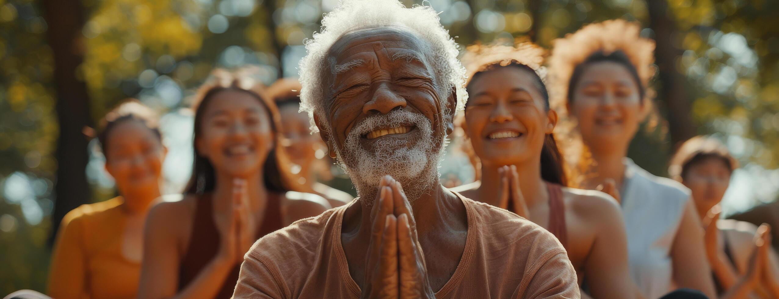 Group of People Practicing Yoga in Woods photo