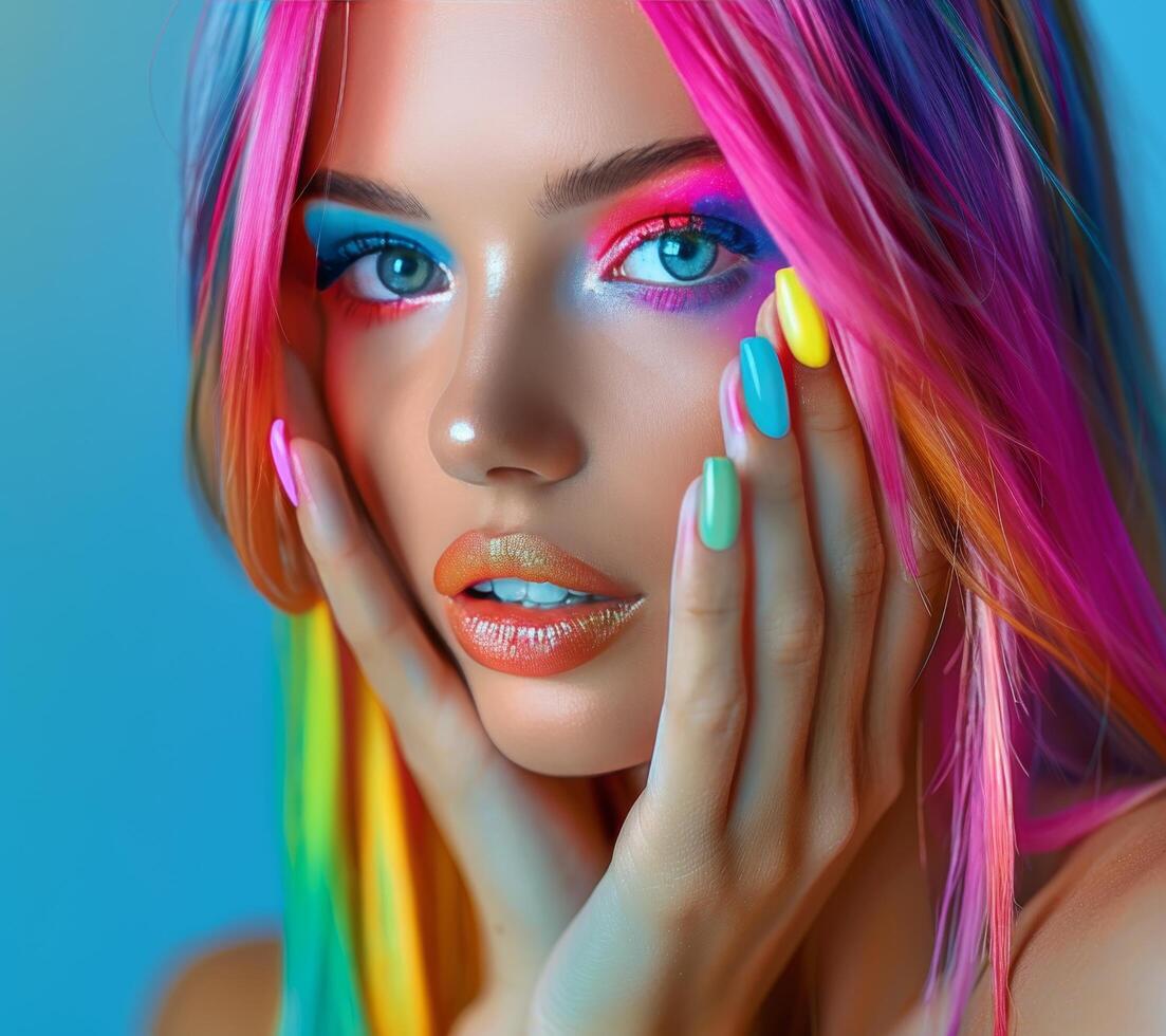 Woman With Multi Colored Hair and Makeup photo