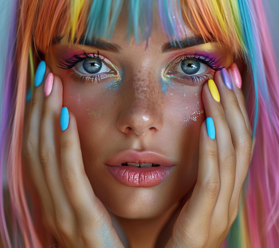 Woman With Multi Colored Hair and Makeup photo