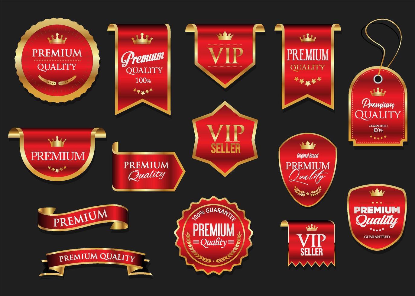 Golden luxury labels and badges premium quality certificate ribbons illustration vector