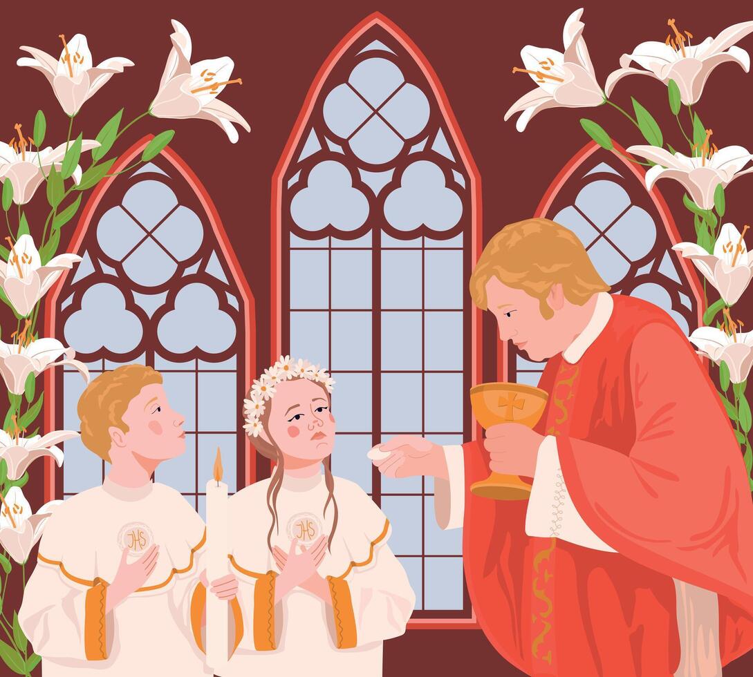 Children in the church during the first communion. The priest is holding bread. A ceremony in the Christian tradition, a member of the church receives the Eucharist. vector
