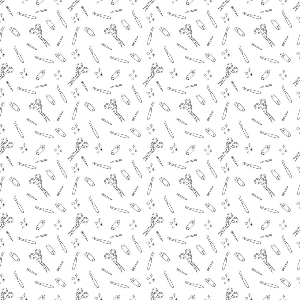 Seamless pattern with crochet hook and knitting tools. Doodle outline illustration. vector