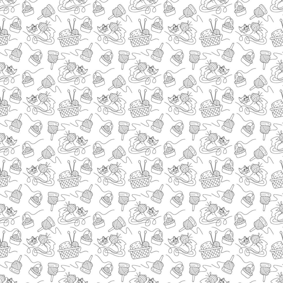 Seamless pattern with cat, skeins of yarn and containers. Doodle outline illustration. vector