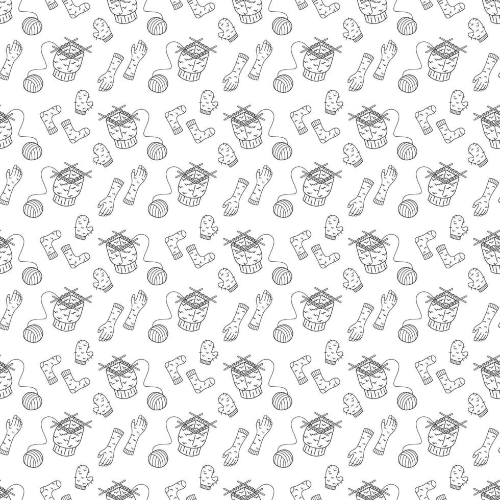 Seamless pattern with circular knitting and knitting clothes. Doodle outline illustration. vector