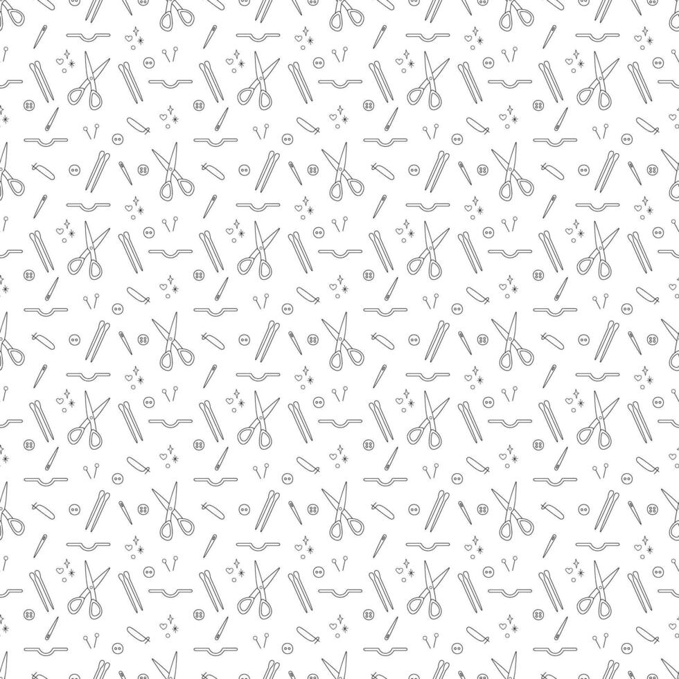 Seamless pattern with knitting needles and knitting tools. Doodle outline illustration. vector